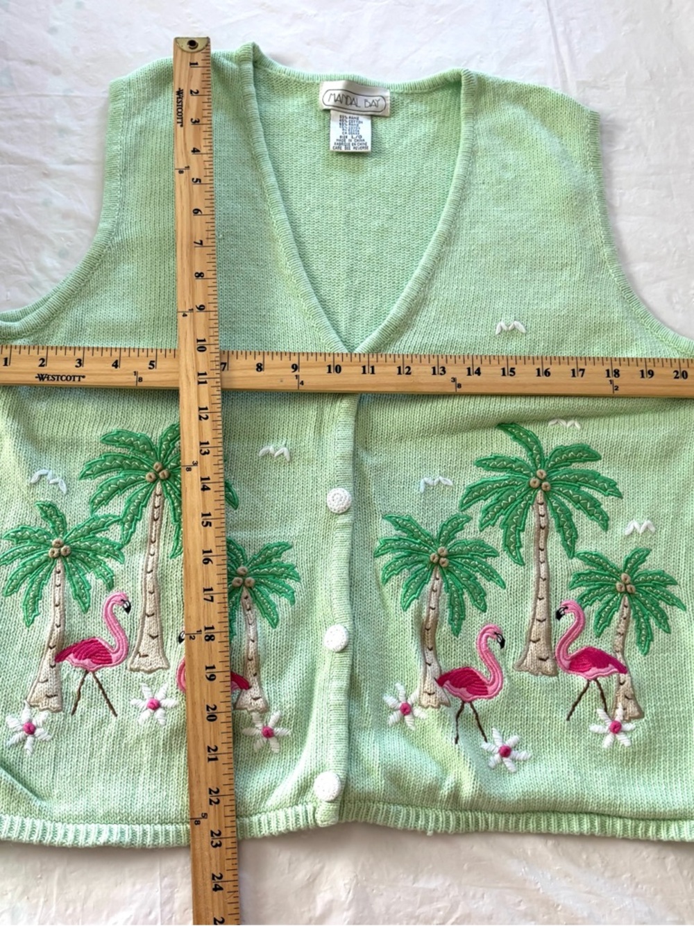 Vintage Mandal Bay Green Pink Tropical Flamingo Palm Cotton Knit Vest SZ L - Picture 3 of 11